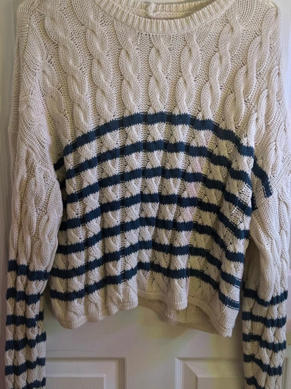 American Eagle Outfitters Cream Cable Knit Sweater with Navy Stripes